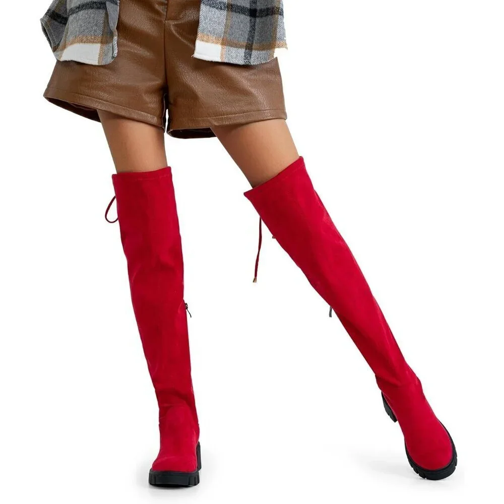 Women's Platform Boots-990-red Over The Knee Thigh High Round Toe Long Boot